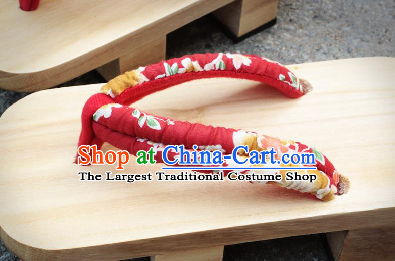 Traditional Japanese Classical Cherry Pattern Red Bidentate Clogs Flip Flops Slippers Asian Japan Geta Shoes for Women