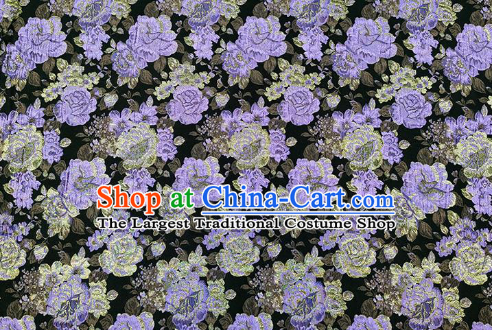 Chinese Classical Purple Roses Pattern Design Green Brocade Fabric Asian Traditional Hanfu Satin Material