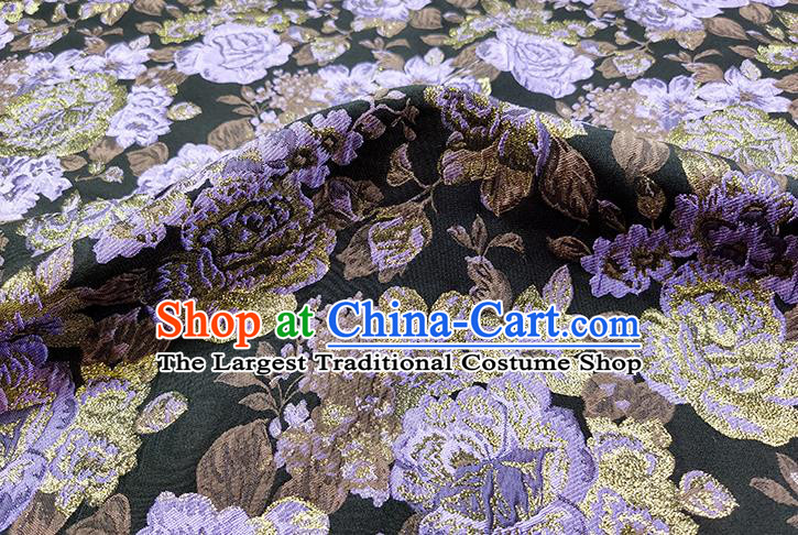 Chinese Classical Purple Roses Pattern Design Green Brocade Fabric Asian Traditional Hanfu Satin Material