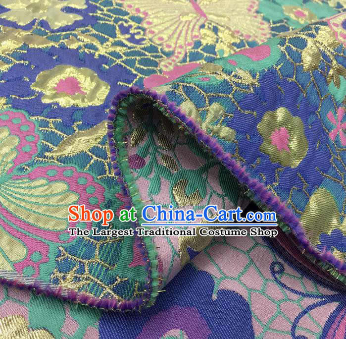 Chinese Classical Butterfly Pattern Design Blue Brocade Fabric Asian Traditional Hanfu Satin Material