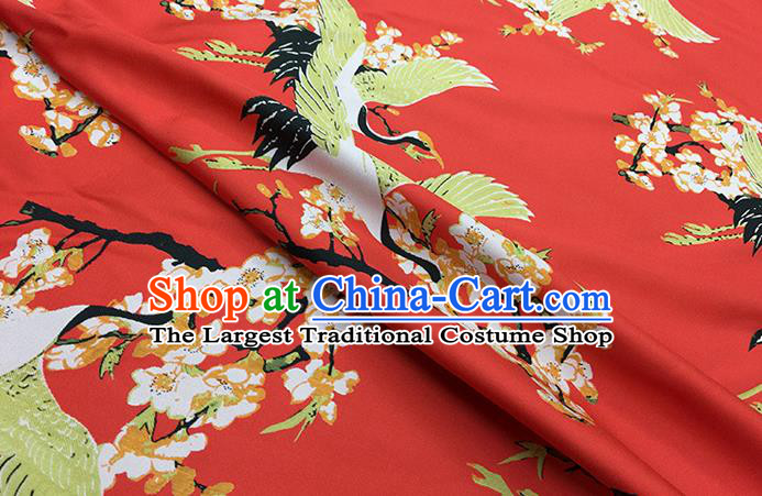 Chinese Classical Crane Plum Pattern Design Red Brocade Fabric Asian Traditional Hanfu Satin Material
