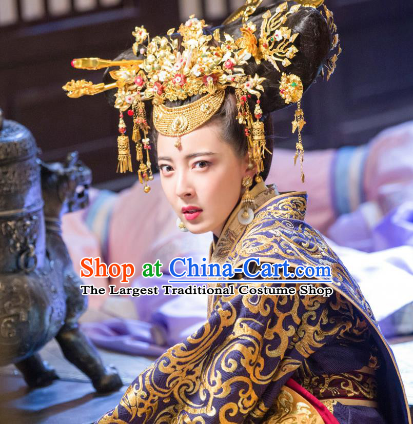 Chinese Ancient Han Dynasty Queen Lv Zhi Dress Historical Drama Hero Dream Costume and Headpiece for Women