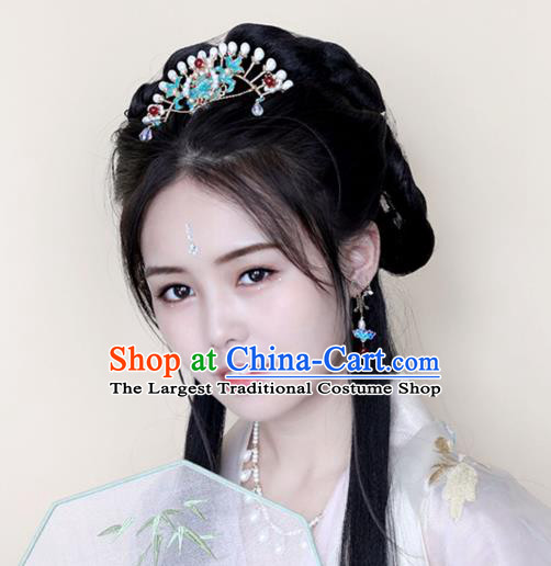 Chinese Ancient Pearls Green Hair Crown Headwear Women Hair Accessories Ming Dynasty Court Cloisonne Hairpin
