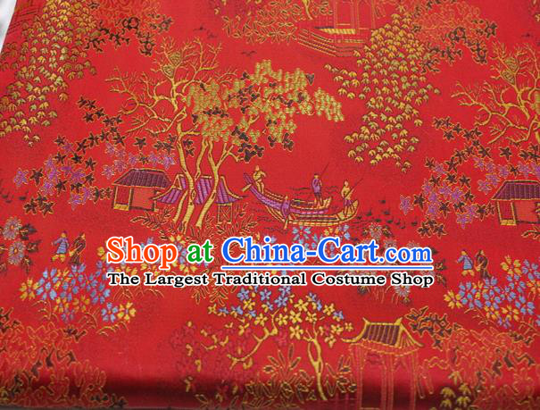 Chinese Classical Scenery Pattern Design Red Brocade Silk Fabric DIY Satin Damask Asian Traditional Tang Suit Tapestry Material