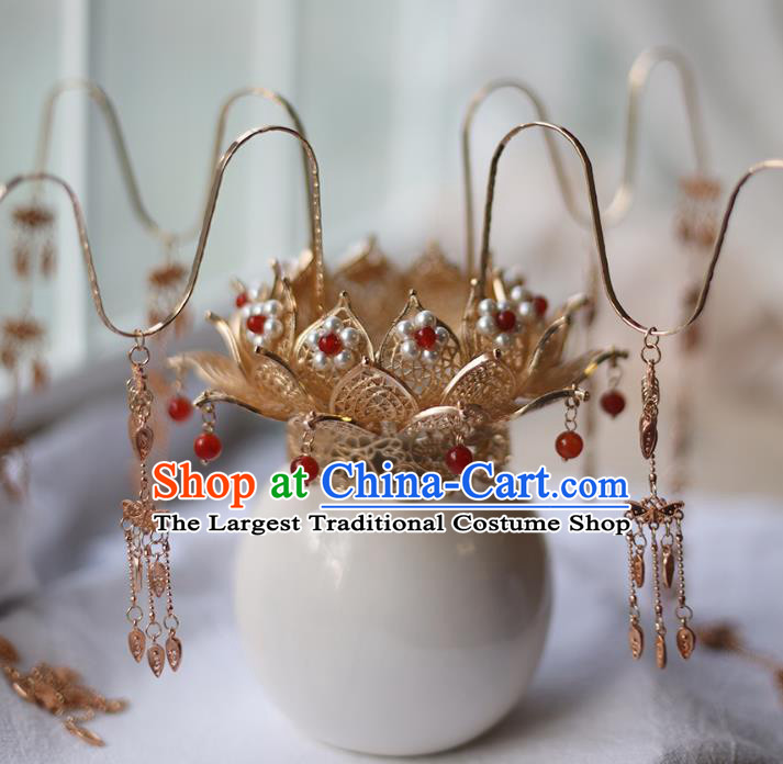 Chinese Classical Pearls Lotus Hair Crown Traditional Wedding Hanfu Hair Accessories Handmade Tassel Hairpins Complete Set