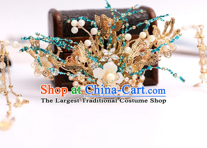 Chinese Classical Wedding Blue Beads Hair Comb Traditional Bride Hair Accessories Handmade Hanfu Tassel Hairpins Complete Set