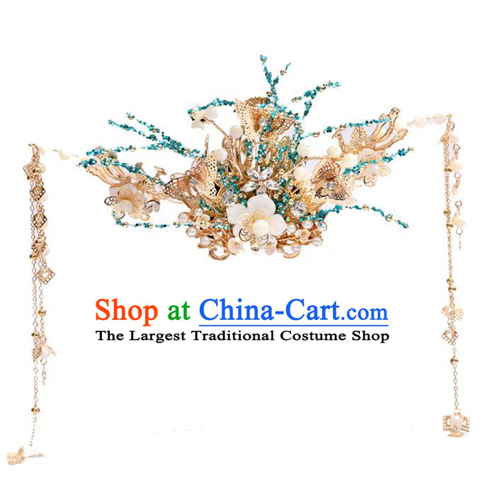 Chinese Classical Wedding Blue Beads Hair Comb Traditional Bride Hair Accessories Handmade Hanfu Tassel Hairpins Complete Set