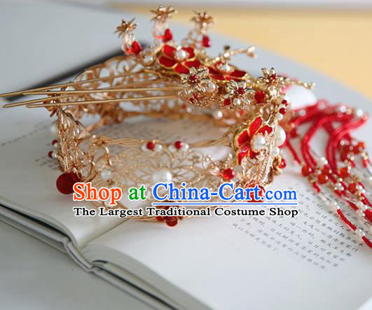 Chinese Classical Wedding Hair Crown Traditional Hanfu Hair Accessories Handmade Bride Tassel Hairpins Complete Set