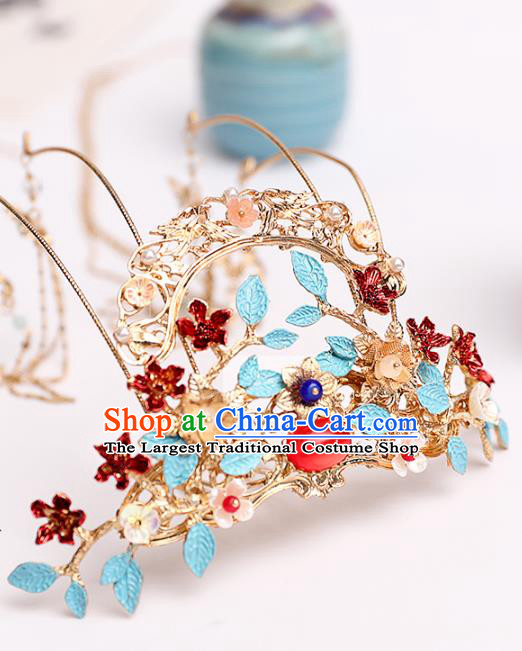 Chinese Classical Wedding Red Flowers Hair Crown Traditional Bride Hair Accessories Handmade Hanfu Golden Tassel Phoenix Coronet Full Set