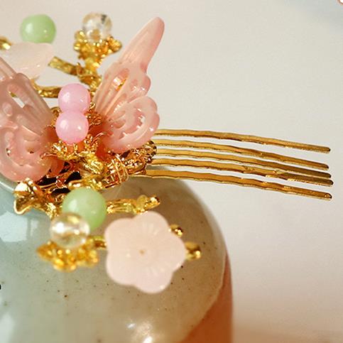 Handmade Chinese Classical Pink Shell Butterfly Hair Comb Traditional Hair Accessories Ancient Hanfu Hairpins for Women