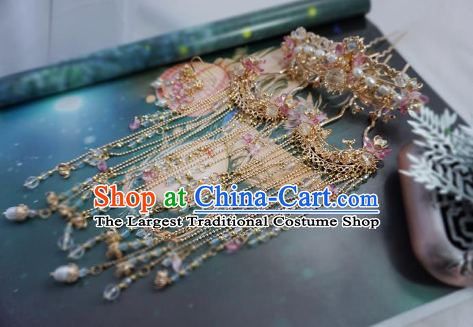 Chinese Classical Wedding Pearls Hair Crown and Tassel Step Shake Handmade Traditional Bride Hair Accessories Complete Set