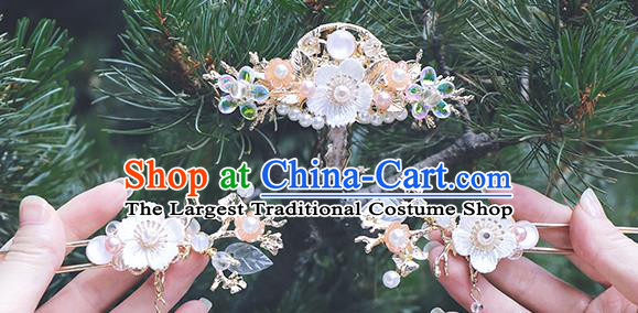 Chinese Classical Wedding Shell Flowers Hair Crown and Tassel Hairpins Handmade Traditional Bride Hair Accessories Complete Set