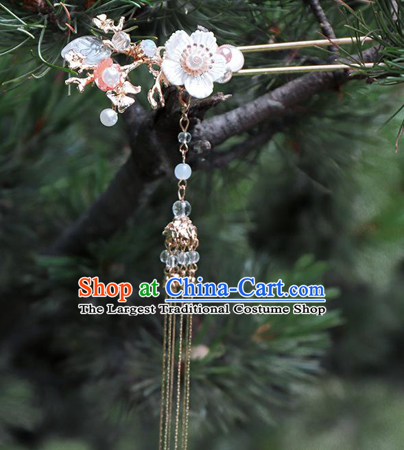 Chinese Classical Wedding Shell Flowers Hair Crown and Tassel Hairpins Handmade Traditional Bride Hair Accessories Complete Set