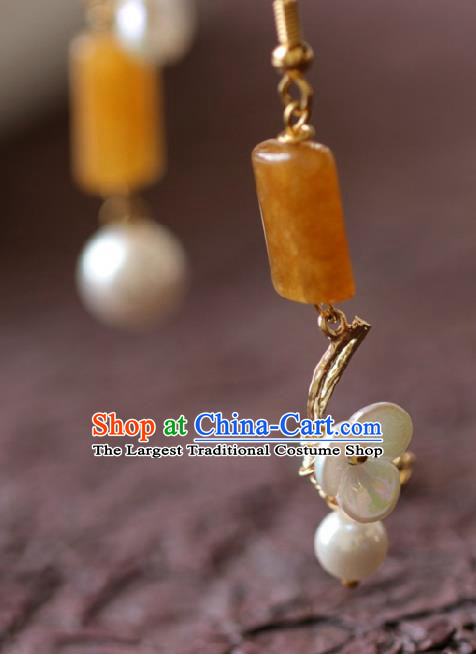 Chinese Handmade Hanfu Jade Earrings Traditional Ear Jewelry Accessories Classical Yellow Eardrop for Women