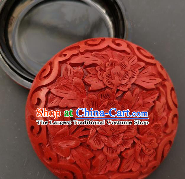 Chinese Traditional Handmade Carving Peony Flower Red Lacquer Rouge Box Lacquerware Craft Inkpad Box