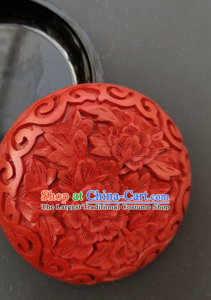 Chinese Traditional Handmade Carving Peony Flower Red Lacquer Rouge Box Lacquerware Craft Inkpad Box