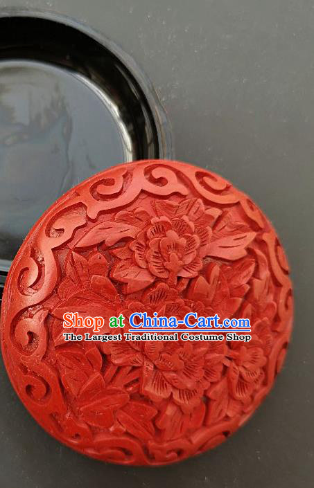 Chinese Traditional Handmade Carving Peony Flower Red Lacquer Rouge Box Lacquerware Craft Inkpad Box