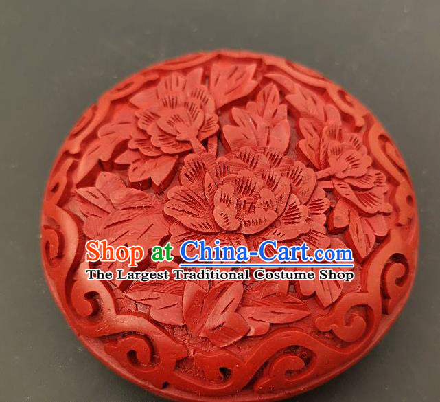Chinese Traditional Handmade Carving Peony Flower Red Lacquer Rouge Box Lacquerware Craft Inkpad Box