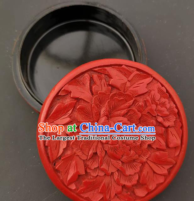 Chinese Handmade Carving Peony Lacquer Rouge Box Traditional Lacquerware Craft Red Inkpad Box