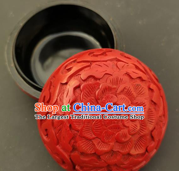 Chinese Traditional Carving Peony Lacquer Rouge Box Handmade Lacquerware Craft Red Inkpad Box