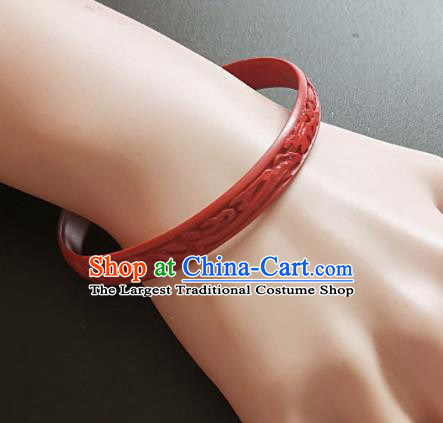 Chinese Traditional Handmade Carving Fish Dragon Craft Red Lacquerware Bracelet Accessories