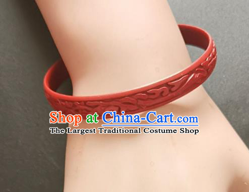 Chinese Traditional Handmade Carving Fish Dragon Craft Red Lacquerware Bracelet Accessories