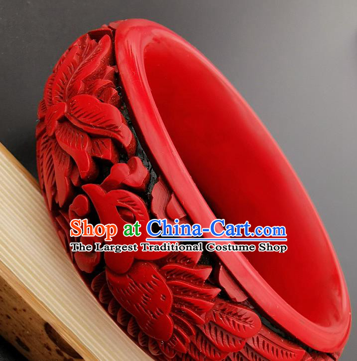 Chinese Handmade Carving Phoenix Lacquer Bracelet Traditional Lacquerware Craft Wedding Red Bangle Accessories