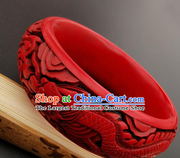 Chinese Handmade Carving Phoenix Lacquer Bracelet Traditional Lacquerware Craft Wedding Red Bangle Accessories