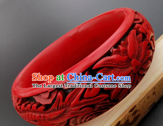 Chinese Handmade Carving Phoenix Lacquer Bracelet Traditional Lacquerware Craft Wedding Red Bangle Accessories