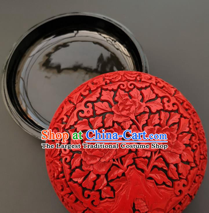 Chinese Handmade Carving Peony Lacquer Inkpad Box Traditional Lacquerware Craft Wedding Red Rouge Box