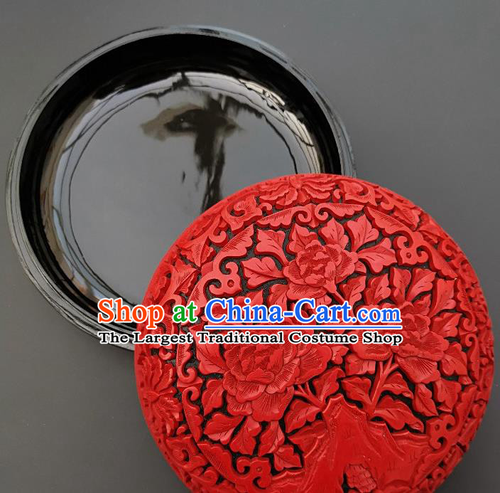 Chinese Handmade Carving Peony Lacquer Inkpad Box Traditional Lacquerware Craft Wedding Red Rouge Box