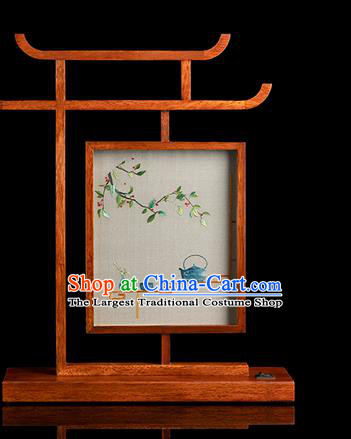 Chinese Traditional Hunan Embroidery Table Screen Handmade Merbau Desk Lamp