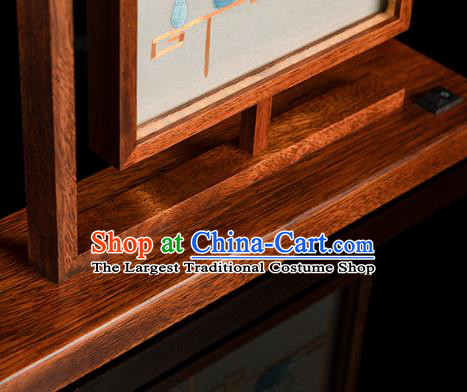 Chinese Traditional Hunan Embroidery Table Screen Handmade Merbau Desk Lamp