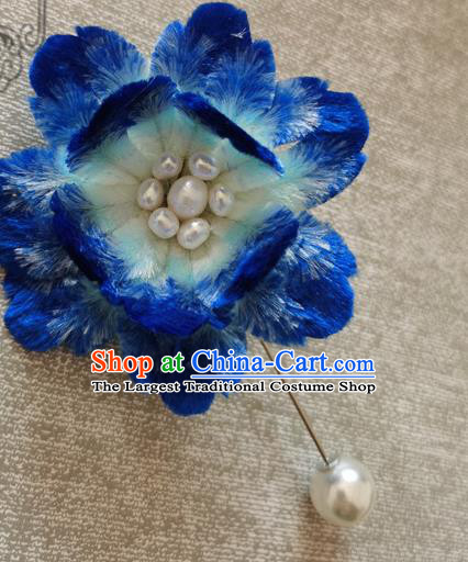 Handmade China Traditional Cheongsam Pearls Accessories Classical Blue Velvet Peony Brooch