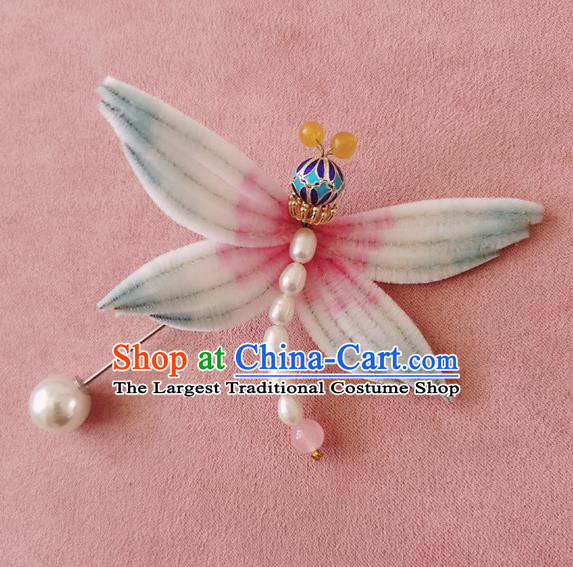 Handmade China Classical Velvet Dragonfly Brooch Traditional Cheongsam Pearls Accessories
