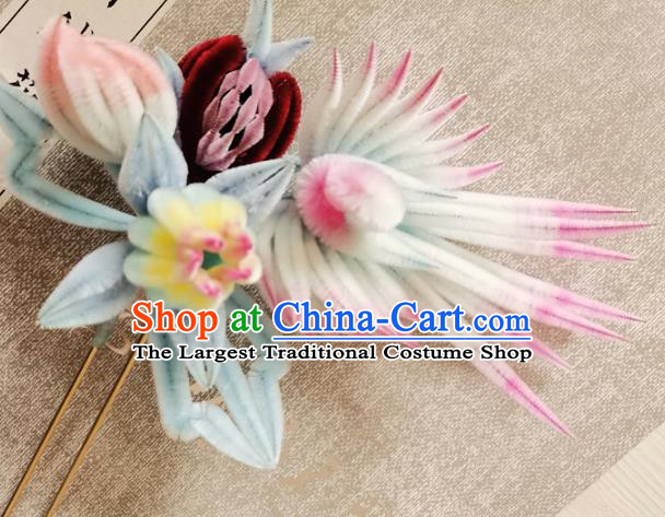 China Classical Velvet Hair Stick Traditional Cheongsam Phoenix Hairpin Handmade Hair Accessories