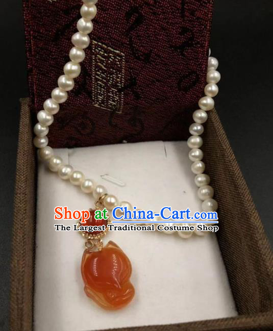 Chinese Traditional Agate Fox Necklace Classical Cheongsam Pearls Accessories