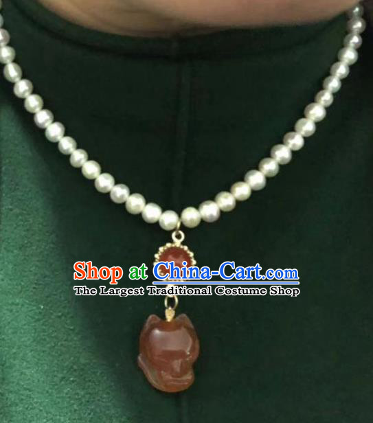 Chinese Traditional Agate Fox Necklace Classical Cheongsam Pearls Accessories