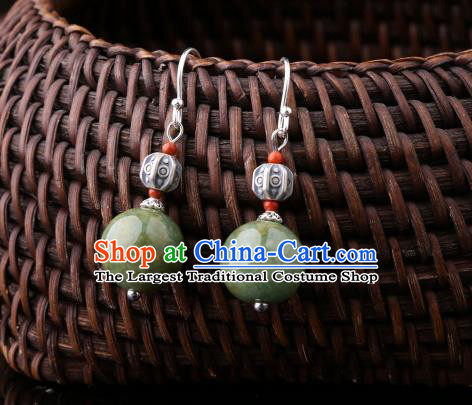 Chinese Classical Jade Bead Ear Accessories Traditional Cheongsam Silver Earrings