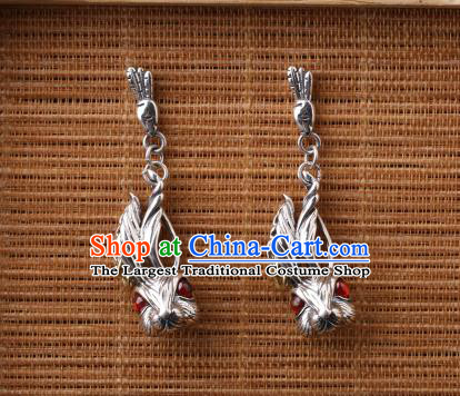 Chinese Classical Garnet Ear Accessories Traditional Cheongsam Silver Rabbit Earrings