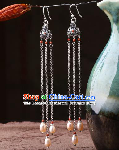Chinese Classical Pearls Tassel Ear Accessories Traditional Cheongsam Silver Earrings