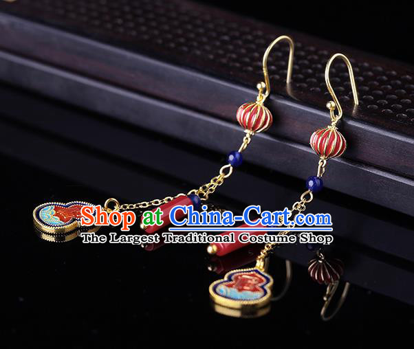 Chinese Classical Cloisonne Gourd Ear Accessories Traditional Cheongsam Red Lantern Earrings