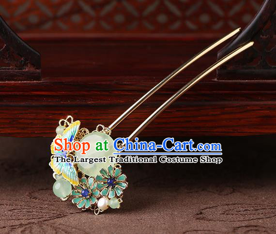 China Classical Chrysoprase Hair Stick Traditional Cheongsam Hair Accessories Handmade Enamel Butterfly Hairpin