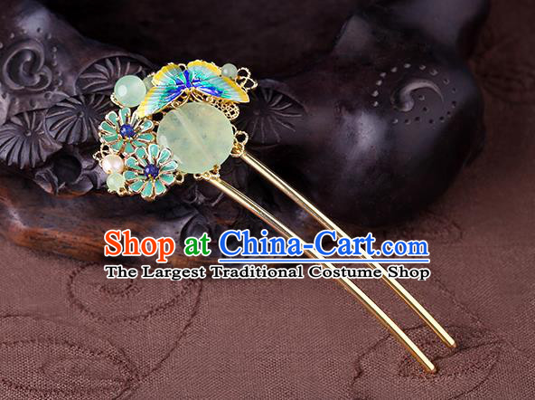China Classical Chrysoprase Hair Stick Traditional Cheongsam Hair Accessories Handmade Enamel Butterfly Hairpin