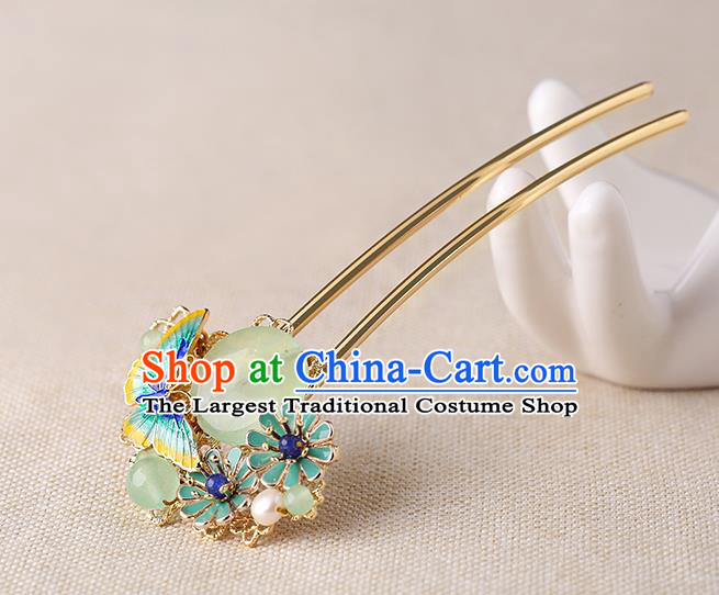 China Classical Chrysoprase Hair Stick Traditional Cheongsam Hair Accessories Handmade Enamel Butterfly Hairpin