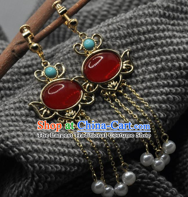 Chinese Traditional Hanfu Tassel Earrings Handmade Cheongsam Ruby Ear Accessories