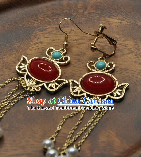 Chinese Traditional Hanfu Tassel Earrings Handmade Cheongsam Ruby Ear Accessories