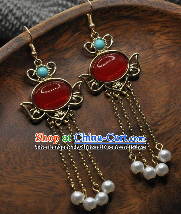 Chinese Traditional Hanfu Tassel Earrings Handmade Cheongsam Ruby Ear Accessories