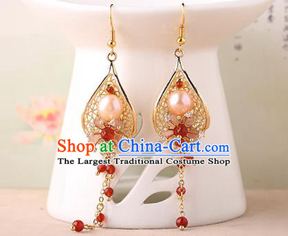 Chinese Classical Red Beads Tassel Ear Accessories Traditional Cheongsam Pearl Golden Earrings