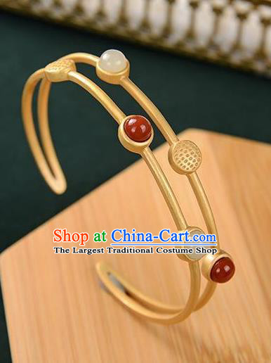 China Handmade White Chalcedony Bracelet Accessories Traditional Golden Bangle Jewelry